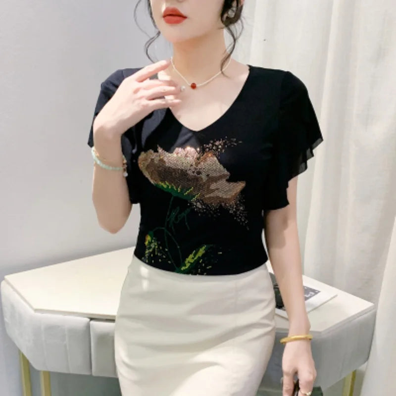M-3XL Streetwear Luxury Flower Hot Diamonds T-Shirt Women Summer Fashion Sexy Off Shoulder Slim Mesh Tops Female Chic Tees