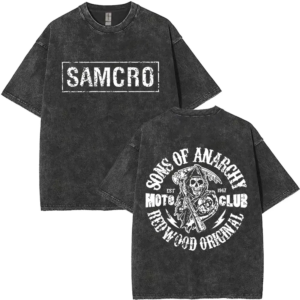 Limited Anarchy Son Samcro Vintage Wash T-shirt Men's and Women's Skeleton Hip Hop Rock Casual T-shirt Short Sleeve Top