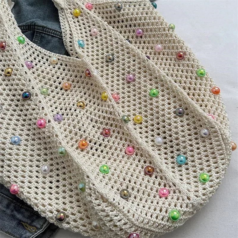 Summer Commuting Woven Bag for Women Single Armpit Bag, Fashion Large Capacity Tote Bag, Beach Pearl Hollow Handbag Shoulder Bag