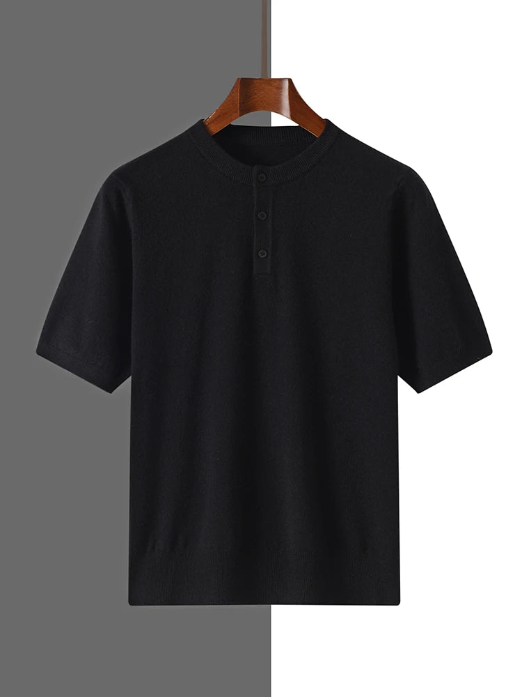 2025 Summer Men's Henley Neck Knitted Solid Color Male Tops T-shirts Comfortable Breathable Short-Sleeved Tee for Casual Wear