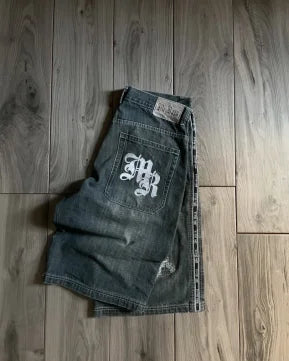 American retro summer vacation style denim shorts design niche letter printing high street loose casual sports men's shorts