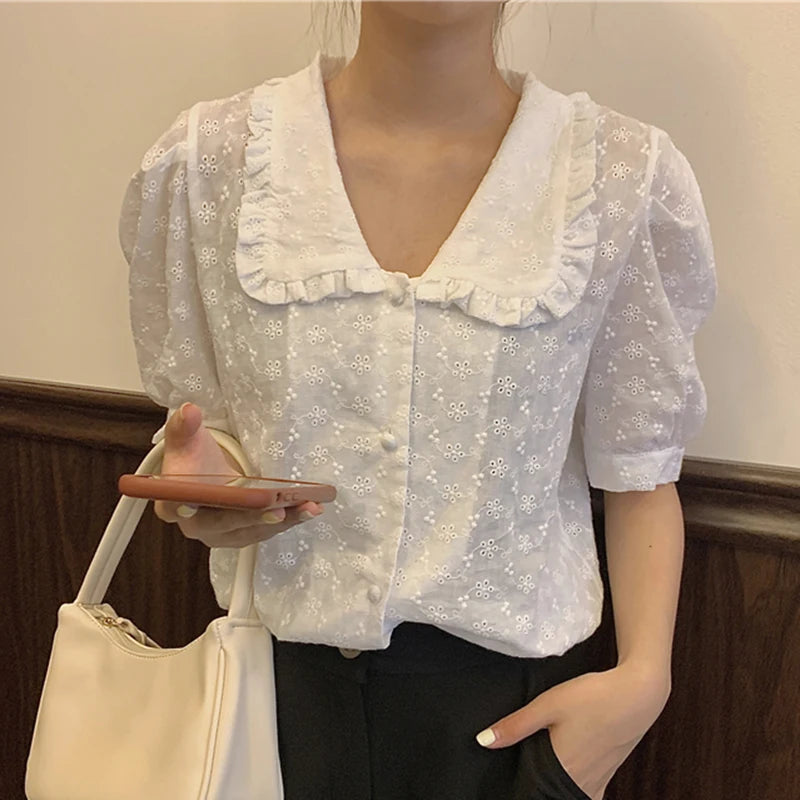 2024 Summer Women Hollow Flower Lace Blouse Korean Chic Puff Short Sleeve Shirt Peter Pan Collar Solid Loose Tops Clothing 13919