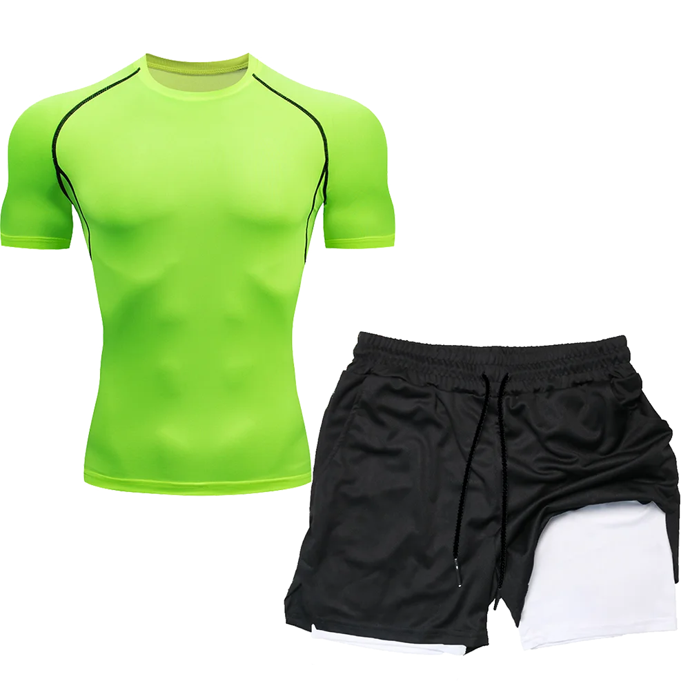 Compression Set Running Sport Fitness Suit for Men Quick Dry Compression Shirt+Gym Shorts 2PCS Workout Summer Sportwear