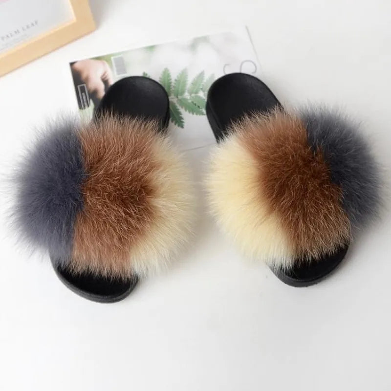 Real Fox Fur Slippers Women Fluffy Slippers With Fur Fashion Beach Shoes Plus Size Shoes Natural Fur Slippers Woman Home Slipper