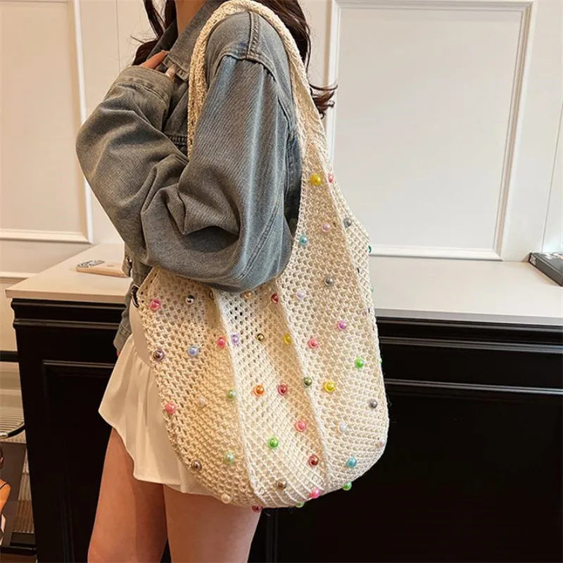 Summer Commuting Woven Bag for Women Single Armpit Bag, Fashion Large Capacity Tote Bag, Beach Pearl Hollow Handbag Shoulder Bag