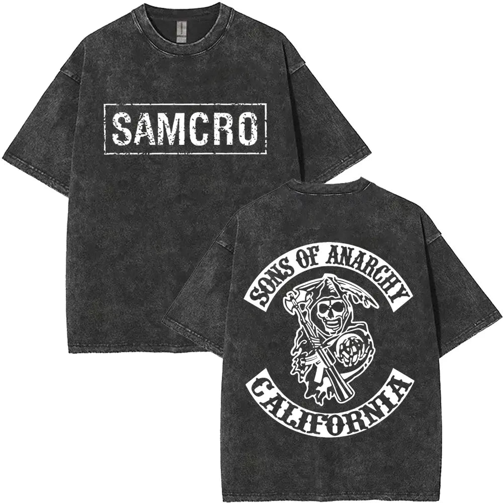 Limited Anarchy Son Samcro Vintage Wash T-shirt Men's and Women's Skeleton Hip Hop Rock Casual T-shirt Short Sleeve Top