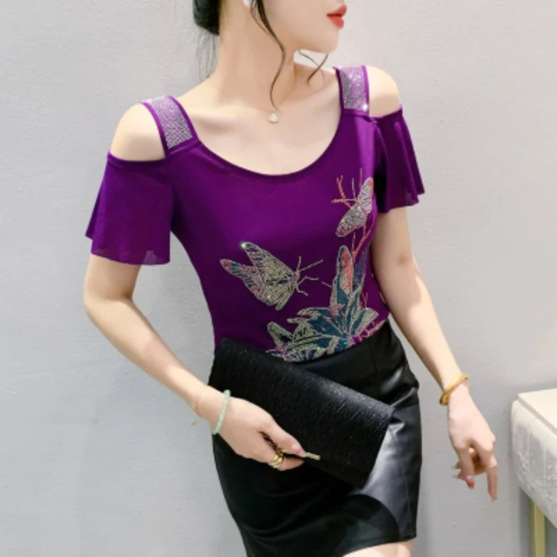 M-3XL Streetwear Luxury Flower Hot Diamonds T-Shirt Women Summer Fashion Sexy Off Shoulder Slim Mesh Tops Female Chic Tees