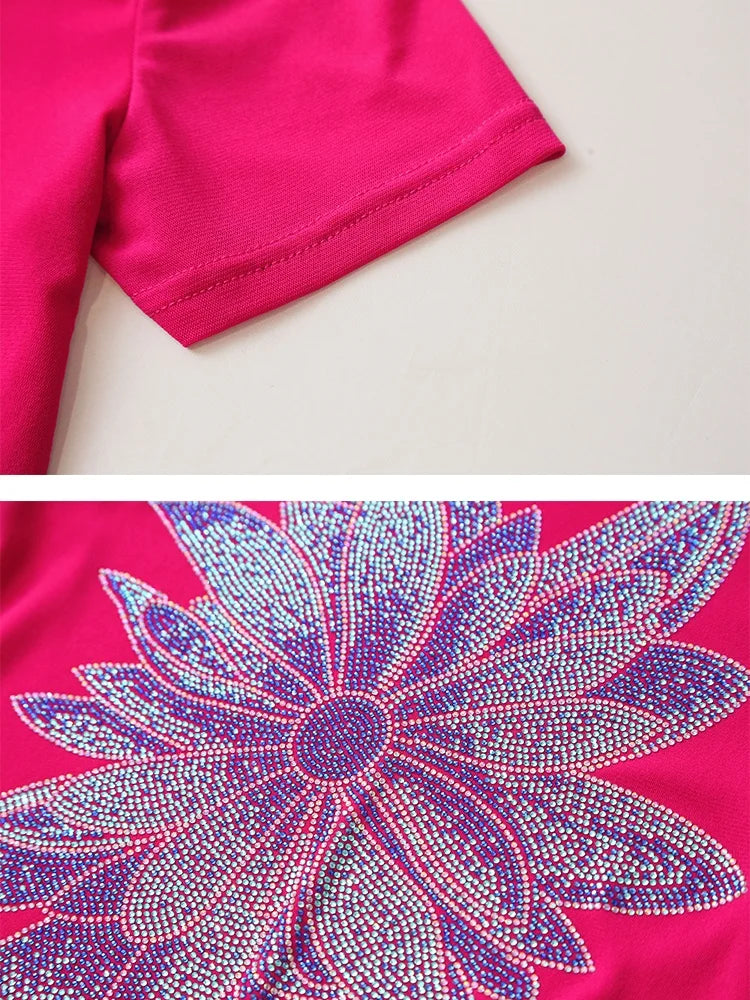 M-3XL Streetwear Luxury Flower Hot Diamonds T-Shirt Women Summer Fashion Sexy Off Shoulder Slim Mesh Tops Female Chic Tees