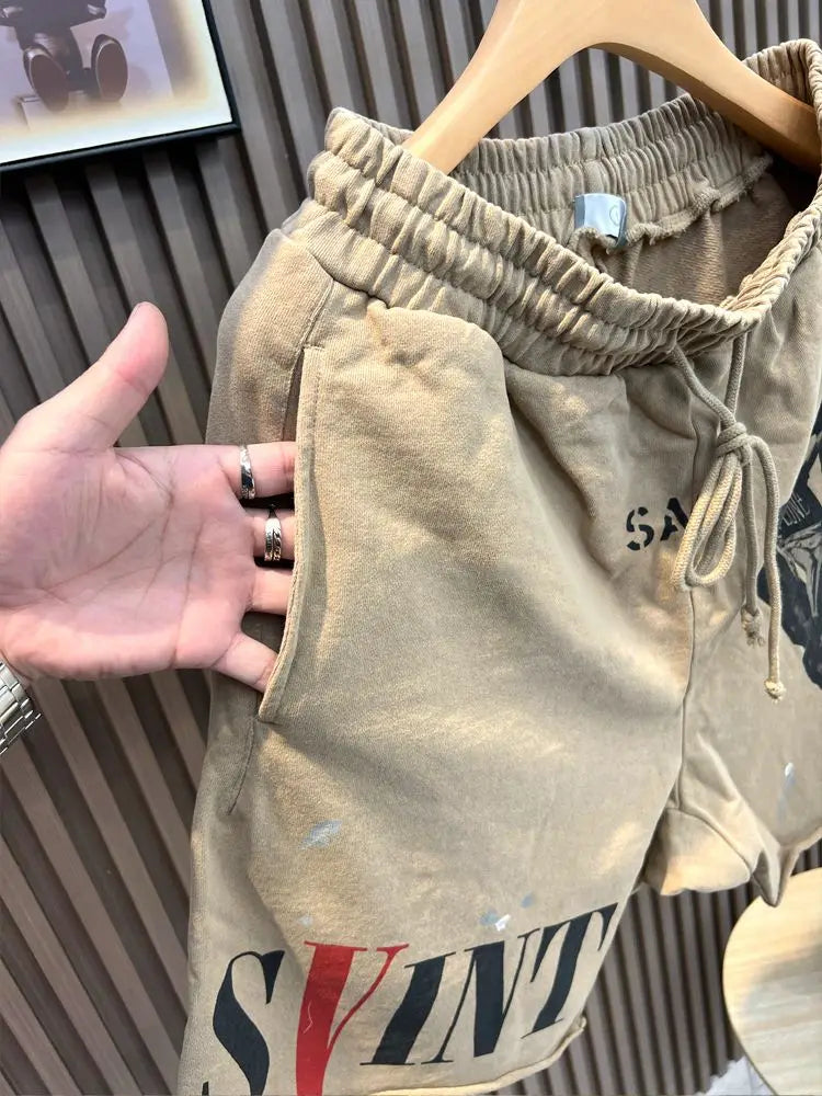 Summer New Heavy American Sweatpants High Street Hip Hop Cotton Printed Shorts Ink Splashing Hipster Elastic Waist Men's Pants