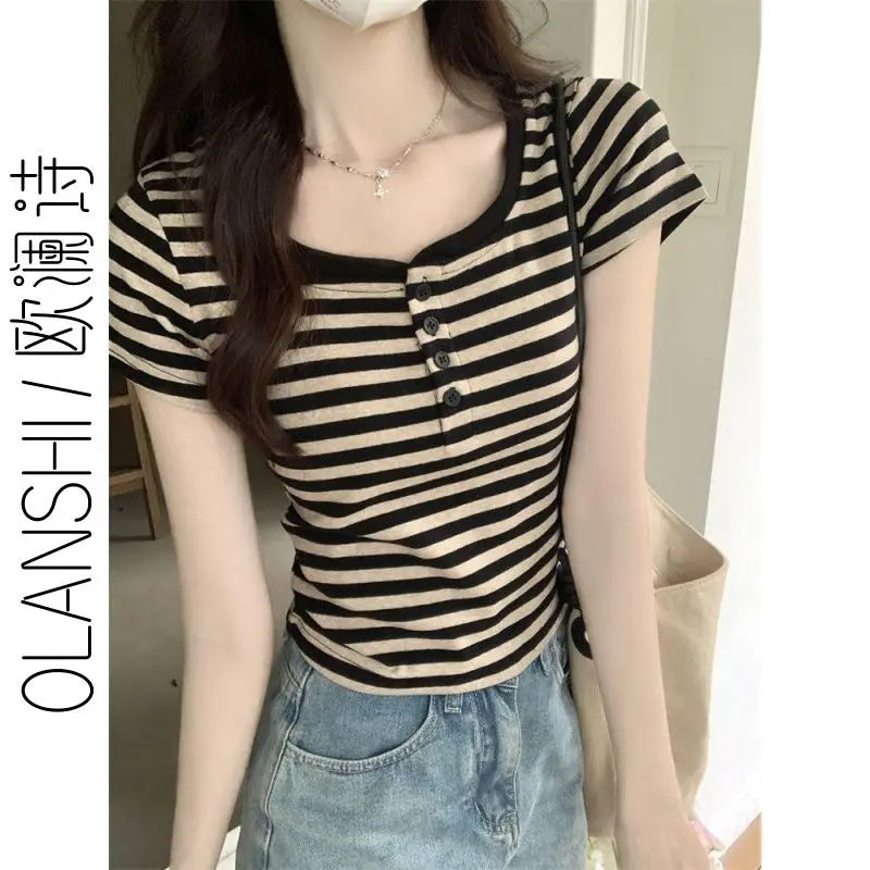 Striped short-sleeved T-shirt for women, new summer collection Harajuku ins style slim fit versatile and slimming petite top