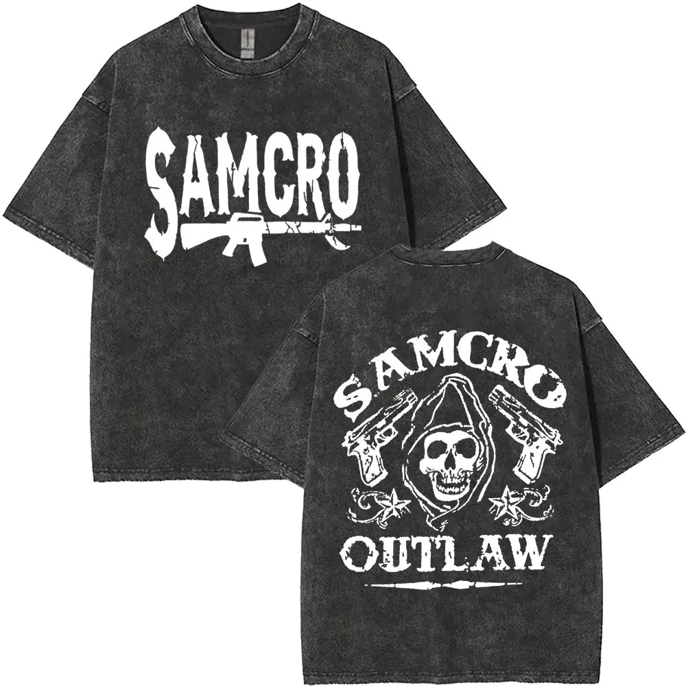 Limited Anarchy Son Samcro Vintage Wash T-shirt Men's and Women's Skeleton Hip Hop Rock Casual T-shirt Short Sleeve Top