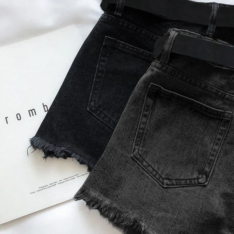 Women Casual High Street Denim Shorts With Belt Pocket High Waist A-line Jean Shorts Versatile Ripped Trousers Summer Streetwear