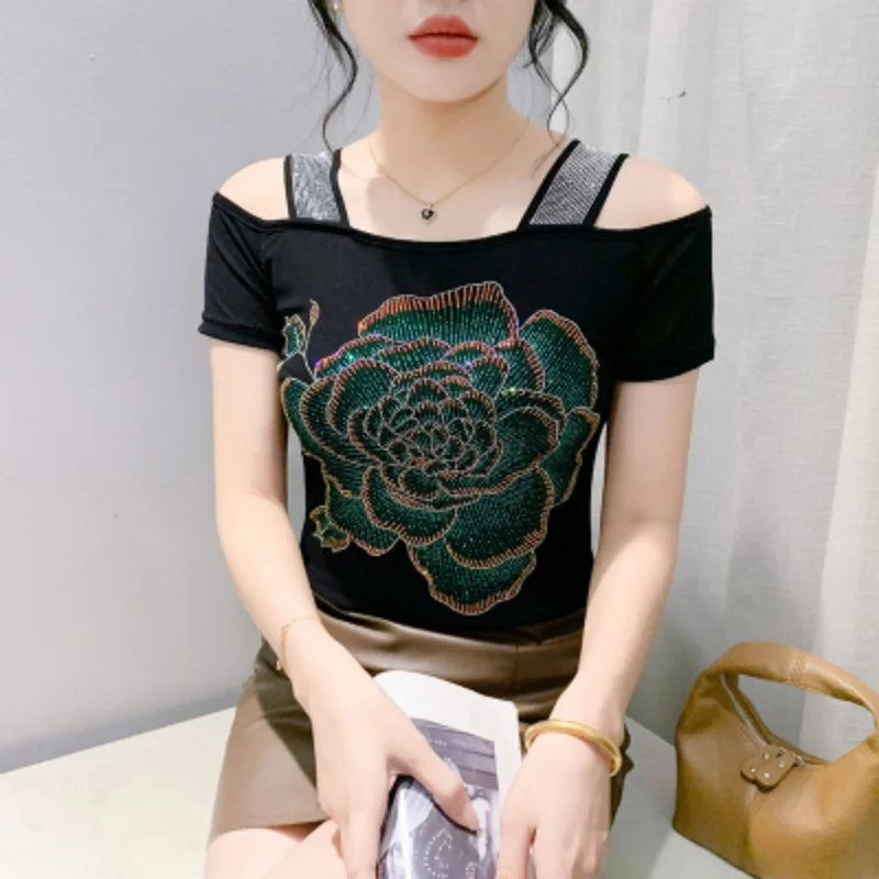 M-3XL Streetwear Luxury Flower Hot Diamonds T-Shirt Women Summer Fashion Sexy Off Shoulder Slim Mesh Tops Female Chic Tees