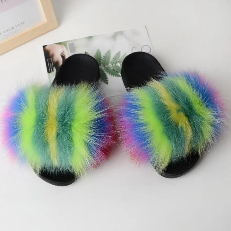Real Fox Fur Slippers Women Fluffy Slippers With Fur Fashion Beach Shoes Plus Size Shoes Natural Fur Slippers Woman Home Slipper