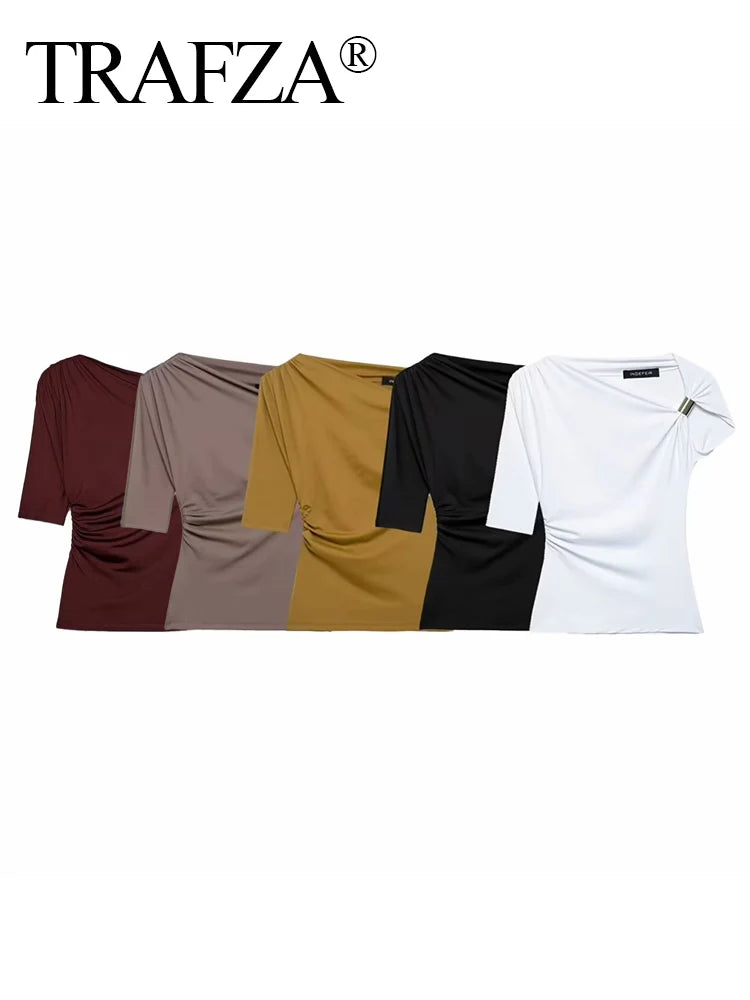 TRAFZA Vintage Women's Asymmetric Bustier Tops 2025 Female Sexy Skew Collar Off-shoulder Pleated Metal Decorate Shirt Streetwear