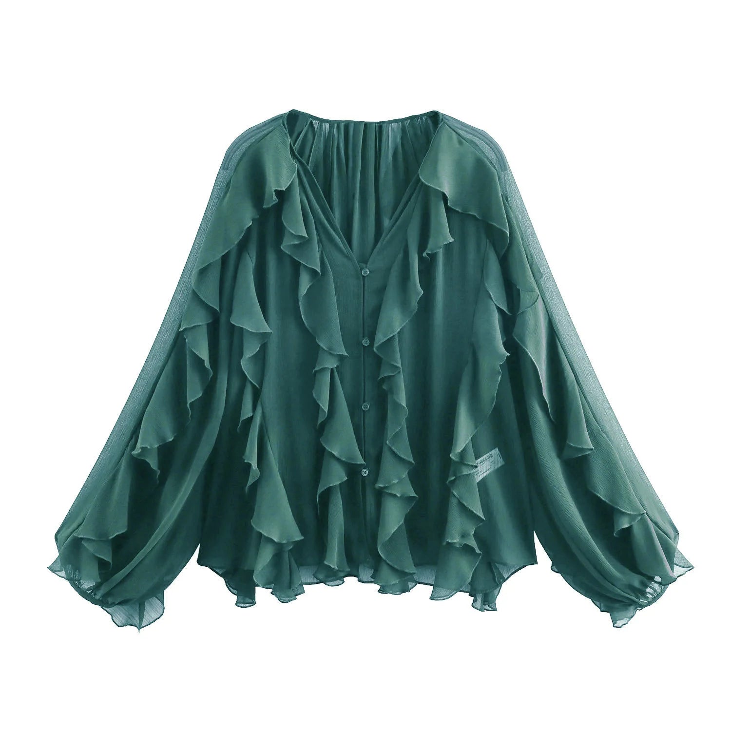 VEITCHE Spring Summer Women Fashion Casual Ruffles Blouses Semi-sheer Loose V Neck Tiered Single Breasted Solid Color Chic Tops