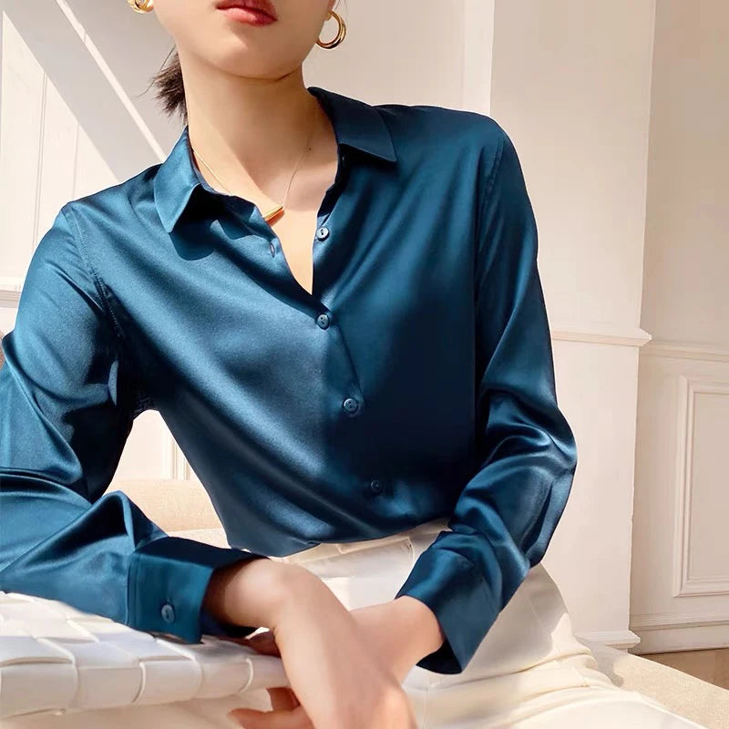 Spring Autumn Elagant Satin Women's Blouse 2025 New Long Sleeve Turn-down Collar Korean Casual Loose Office Lady Shirts Female