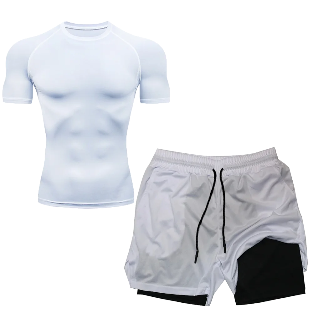 Compression Set Running Sport Fitness Suit for Men Quick Dry Compression Shirt+Gym Shorts 2PCS Workout Summer Sportwear
