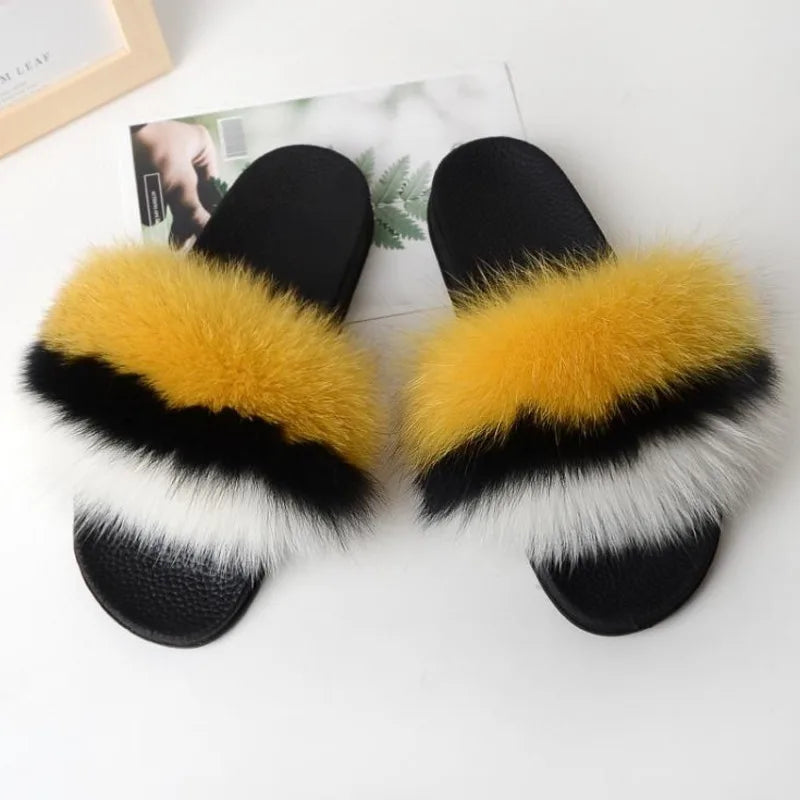 Real Fox Fur Slippers Women Fluffy Slippers With Fur Fashion Beach Shoes Plus Size Shoes Natural Fur Slippers Woman Home Slipper