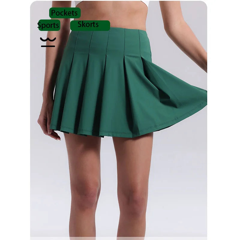 Aiithuug Crease Resistant Tennis Skorts Pockets Pleated Tennis Skort Sports Skirts Stretchy Running Shorts Skirt Golf Skorts