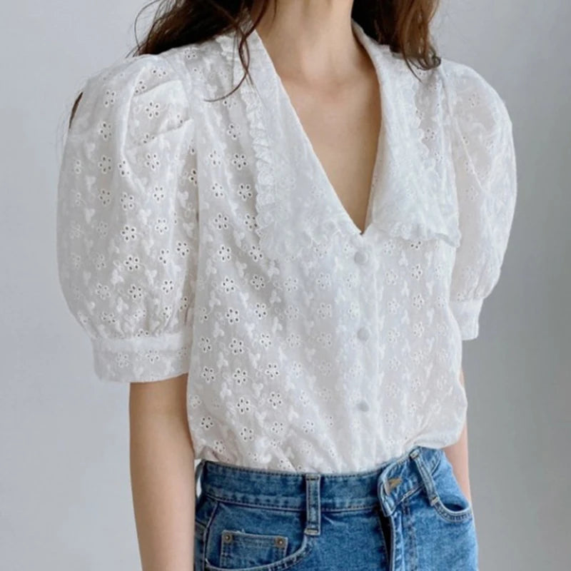 2024 Summer Women Hollow Flower Lace Blouse Korean Chic Puff Short Sleeve Shirt Peter Pan Collar Solid Loose Tops Clothing 13919