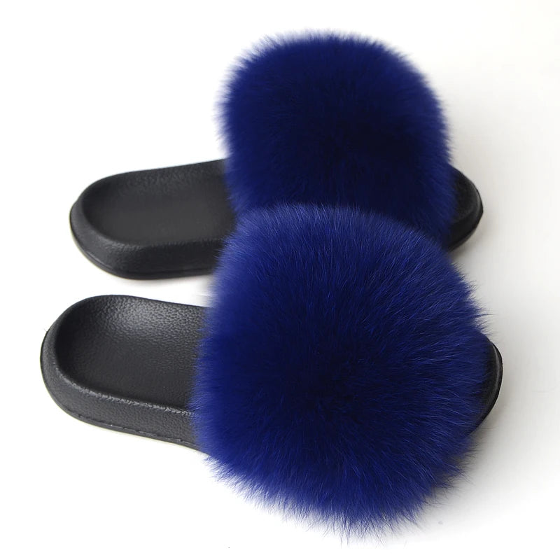 Real Fox Fur Slippers Women Fluffy Slippers With Fur Fashion Beach Shoes Plus Size Shoes Natural Fur Slippers Woman Home Slipper
