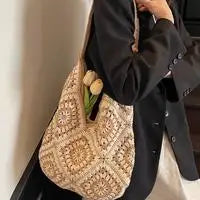 Women Straw Tote Bag Large Capacity Vintage Vacation Shoulder Bag Everything Casual Handbag Designer Hollow Summer Beach Bag