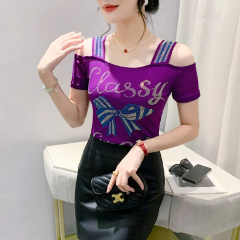 M-3XL Streetwear Luxury Flower Hot Diamonds T-Shirt Women Summer Fashion Sexy Off Shoulder Slim Mesh Tops Female Chic Tees