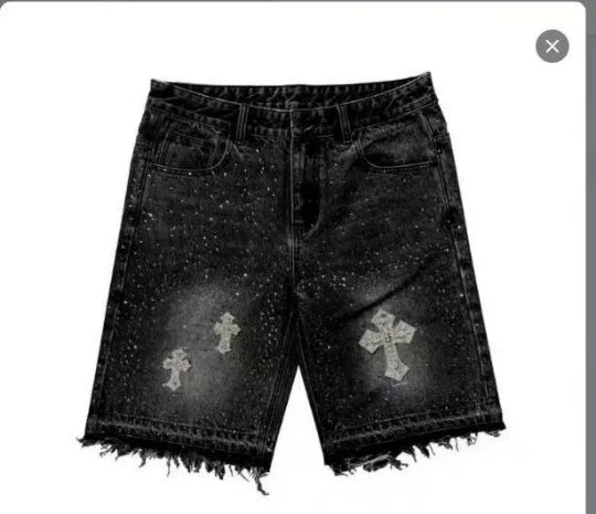 Oversized Iron Diamond Pattern Denim Shorts for Men Hip Hop Punk Low Waist Gym Shorts Streetwear Retro Gothic Y2k Sweatpants