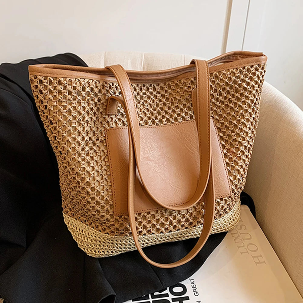 Women Straw Crochet Beach Handbag PU Patchwork Simple Shoulder Bag Contrast Color Minimalist Tote Bag Ladies Summer Bag