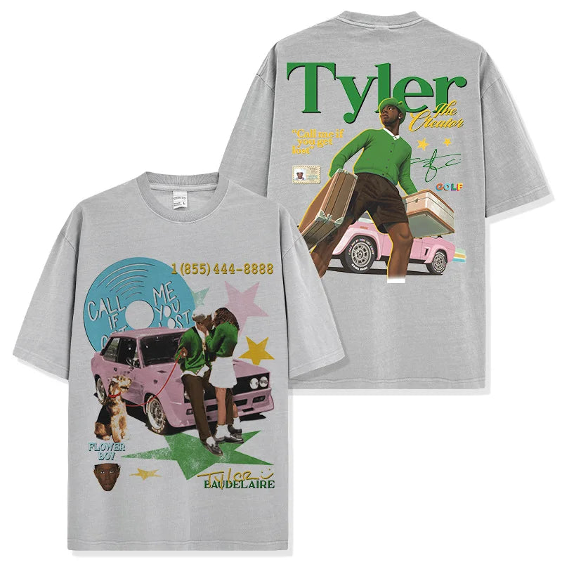 American Hip Hop Tyler The Creator Printed Washed Short Sleeve Men's T-Shirt Loose Crew Neck Top