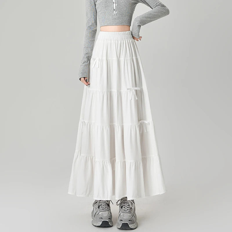 Summer Blue Long Skirts for Women Elastic High Waist Bow Cake Skirts Ladies Loose A-line Midi Skirts Korean Preppy Style Skirts