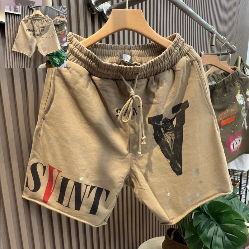 Summer New Heavy American Sweatpants High Street Hip Hop Cotton Printed Shorts Ink Splashing Hipster Elastic Waist Men's Pants