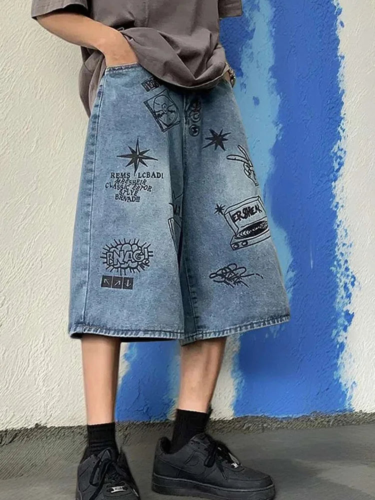 Summer Men Bodybuilding Embroidered Shorts Jeans Male Wide Leg Knee Length Retro Denim Pants Loose Graffiti Drawstring Pants