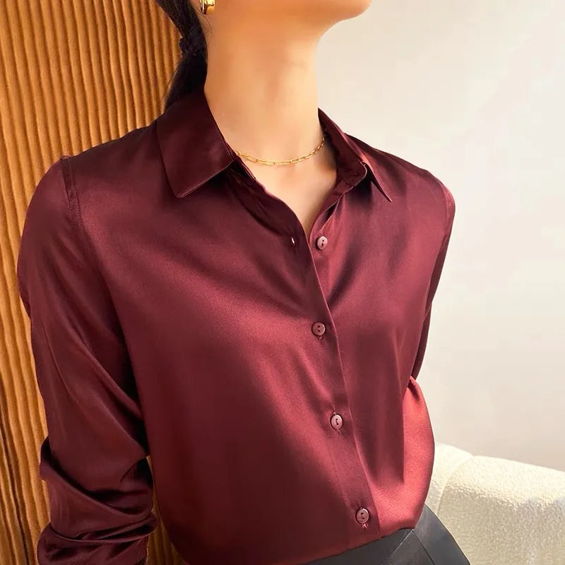 Spring Autumn Elagant Satin Women's Blouse 2025 New Long Sleeve Turn-down Collar Korean Casual Loose Office Lady Shirts Female