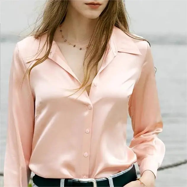 Spring Autumn Elagant Satin Women's Blouse 2025 New Long Sleeve Turn-down Collar Korean Casual Loose Office Lady Shirts Female