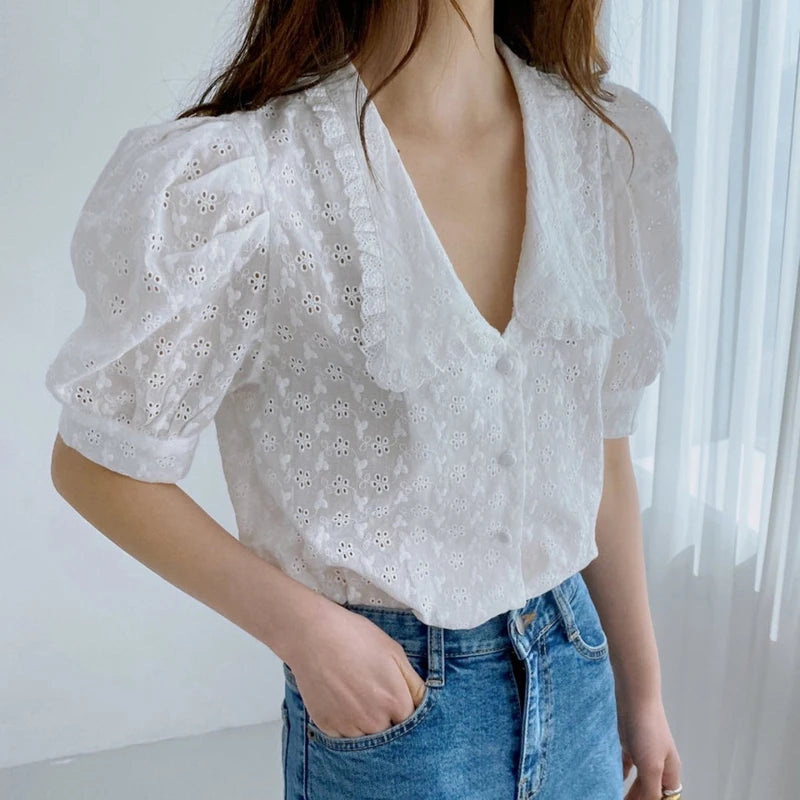 2024 Summer Women Hollow Flower Lace Blouse Korean Chic Puff Short Sleeve Shirt Peter Pan Collar Solid Loose Tops Clothing 13919