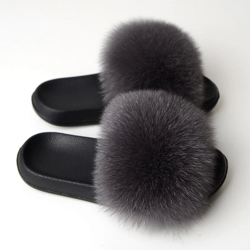 Real Fox Fur Slippers Women Fluffy Slippers With Fur Fashion Beach Shoes Plus Size Shoes Natural Fur Slippers Woman Home Slipper