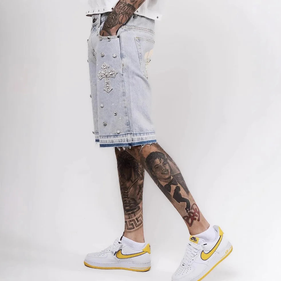 Oversized Iron Diamond Pattern Denim Shorts for Men Hip Hop Punk Low Waist Gym Shorts Streetwear Retro Gothic Y2k Sweatpants