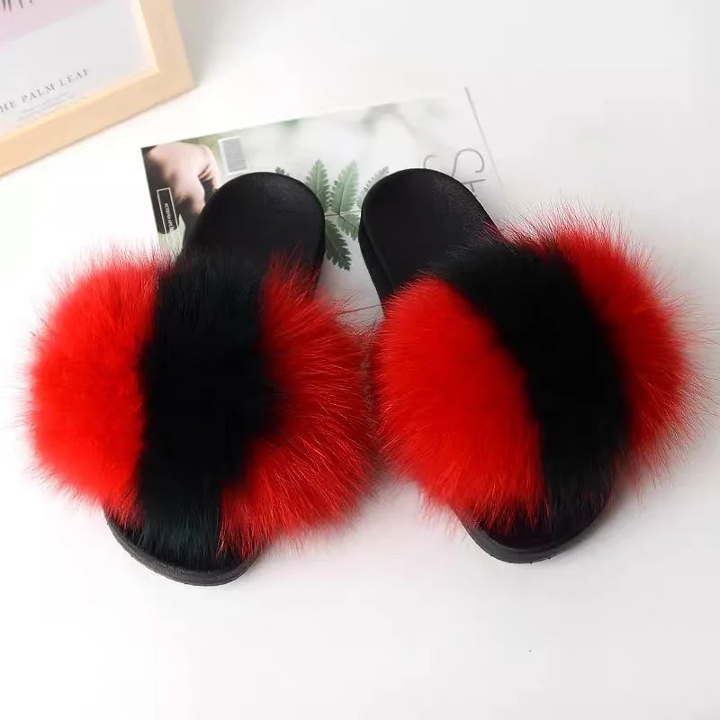 Real Fox Fur Slippers Women Fluffy Slippers With Fur Fashion Beach Shoes Plus Size Shoes Natural Fur Slippers Woman Home Slipper