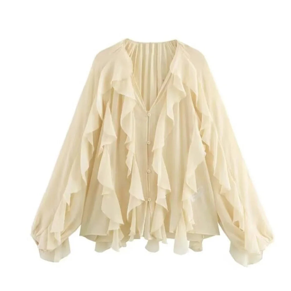 VEITCHE Spring Summer Women Fashion Casual Ruffles Blouses Semi-sheer Loose V Neck Tiered Single Breasted Solid Color Chic Tops