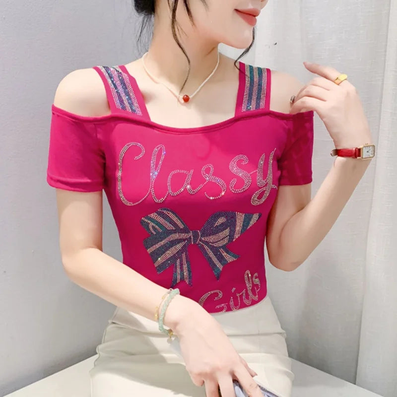 M-3XL Streetwear Luxury Flower Hot Diamonds T-Shirt Women Summer Fashion Sexy Off Shoulder Slim Mesh Tops Female Chic Tees