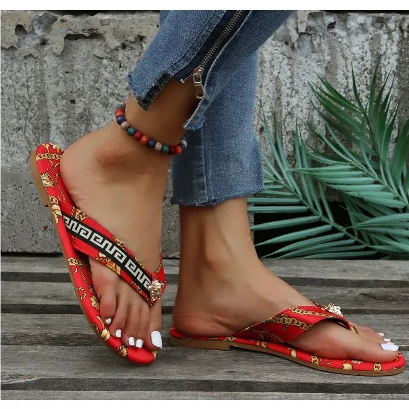 Sexy Flip-Flops Women's Slippers Fashion Fashion Printing Flat Flip-Flops Outdoor Slippers Flat Slippers Women's Large Size 43