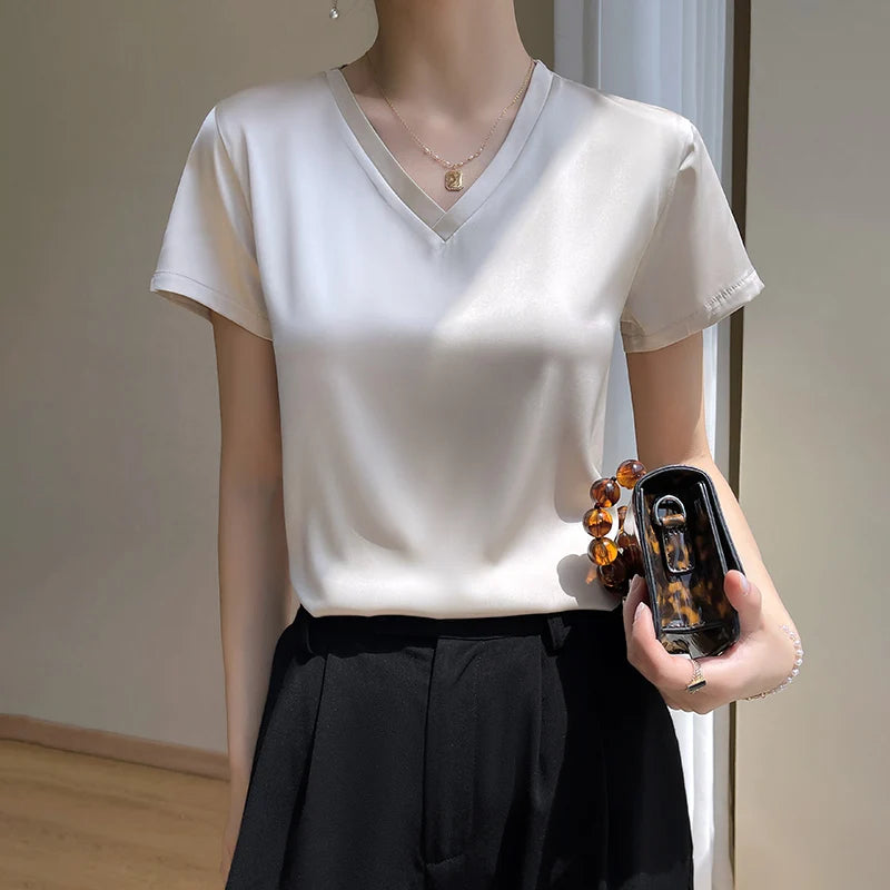 2024 Summer Basic Solid Women's T-Shirts V-Neck Short Sleeve Tees Tops  Satin Silk Elegant Thin Shirts for Female