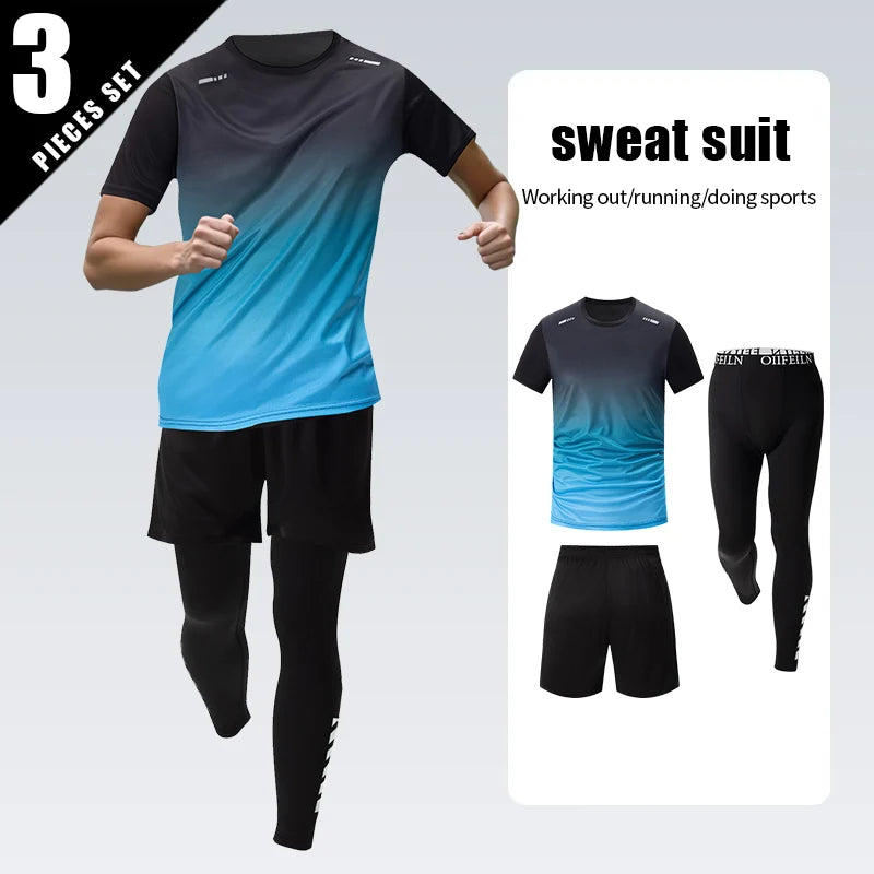 3 Pcs Men's Quick-drying Sports Gradient Suit Leisure Sports Running Short Sleeve Comfortable Sun Protection Pants Joker Shorts