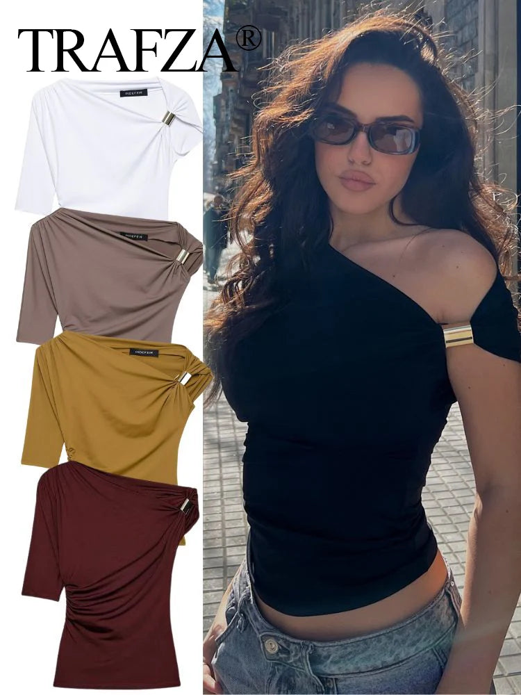 TRAFZA Vintage Women's Asymmetric Bustier Tops 2025 Female Sexy Skew Collar Off-shoulder Pleated Metal Decorate Shirt Streetwear