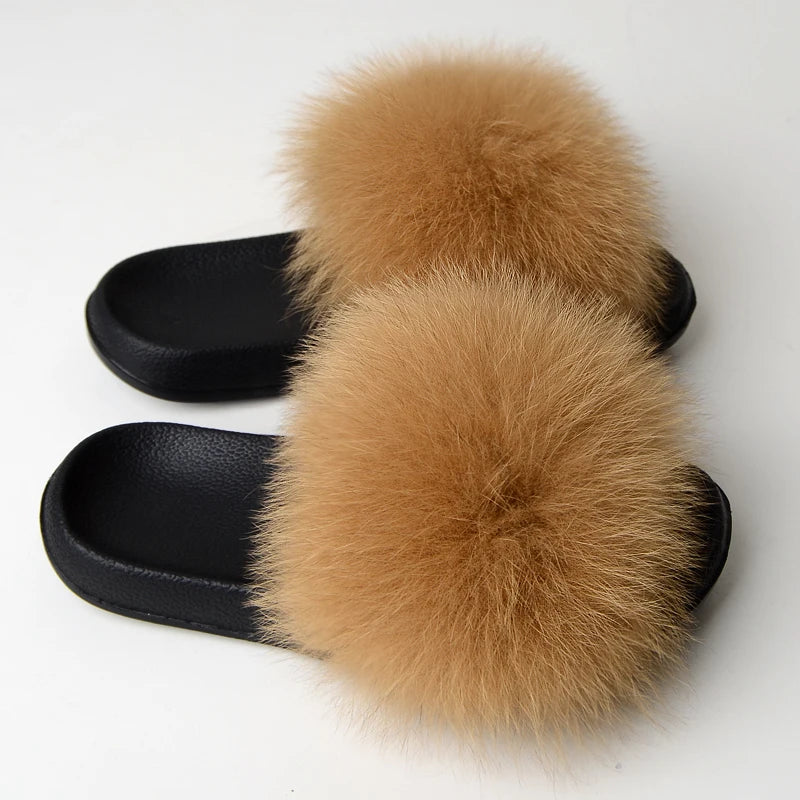 Real Fox Fur Slippers Women Fluffy Slippers With Fur Fashion Beach Shoes Plus Size Shoes Natural Fur Slippers Woman Home Slipper