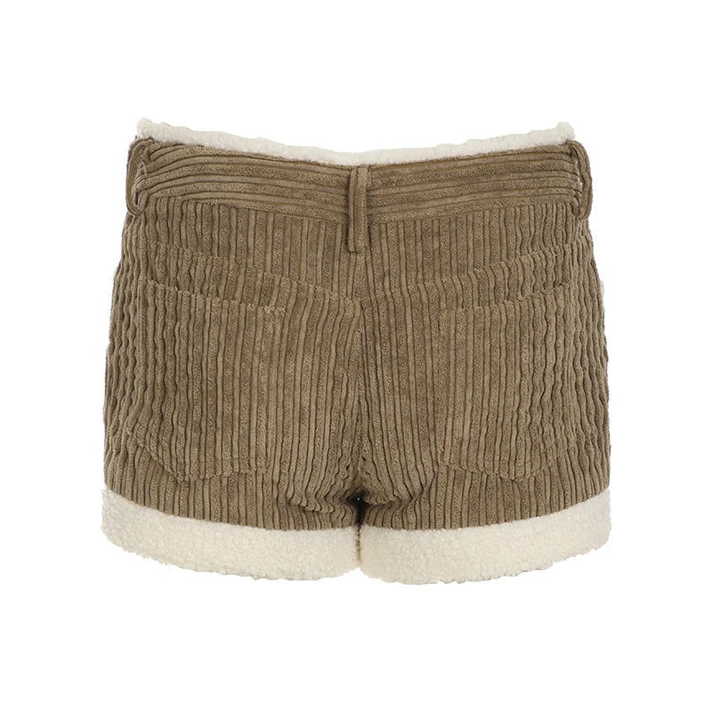 Autumn Trendy New Women’s Corduroy Short Fashion Simple All-Match Faux Fur Trim Spliced Design Short Pants