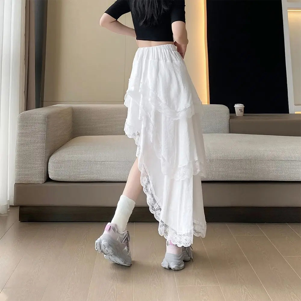 Korean Fashion Summer Women's Elastic Waist Solid Color Lace Hollow Out Patchwork Asymmetrical Sweet High Waist Mid-length Skirt