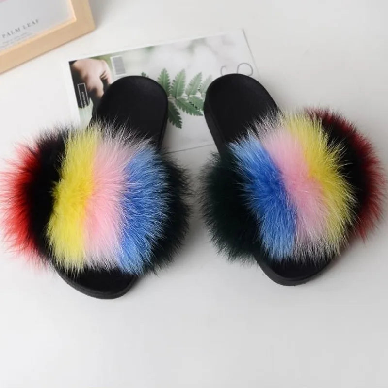 Real Fox Fur Slippers Women Fluffy Slippers With Fur Fashion Beach Shoes Plus Size Shoes Natural Fur Slippers Woman Home Slipper